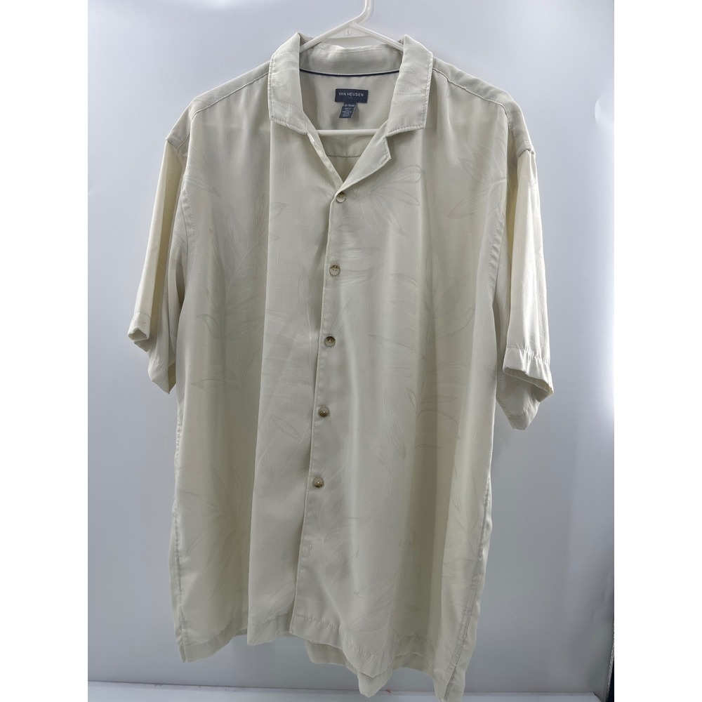 Van Heusen Air Mens XL Beige Tropical Leaf Jacquard Short Sleeve Camp Shirt